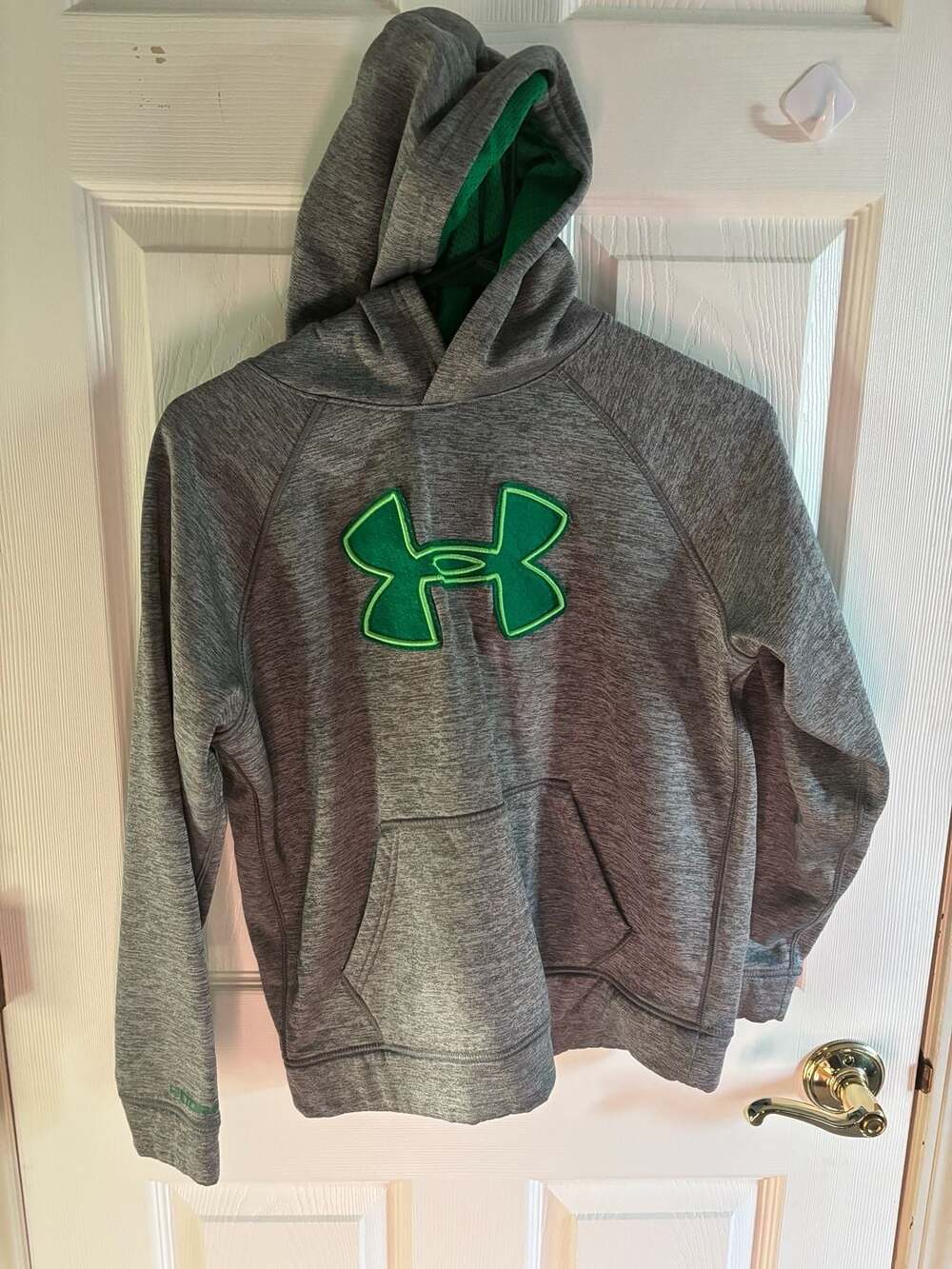 Under Armour Fleece Hoodie Size YLG Gray Green Big Logo Youth Boys